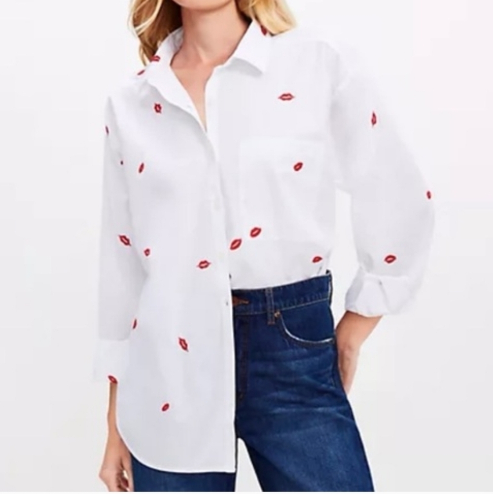 LOFT White Shirt with Red Lip Pattern - Tag Removed Never Worn